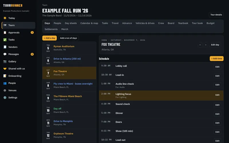 Tour Runner on a computer: a tour's day with the schedule and approvals